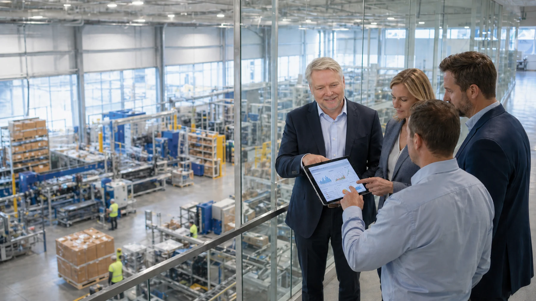 Mid-market operating leaders reviewing performance in a modern manufacturing and distribution environment