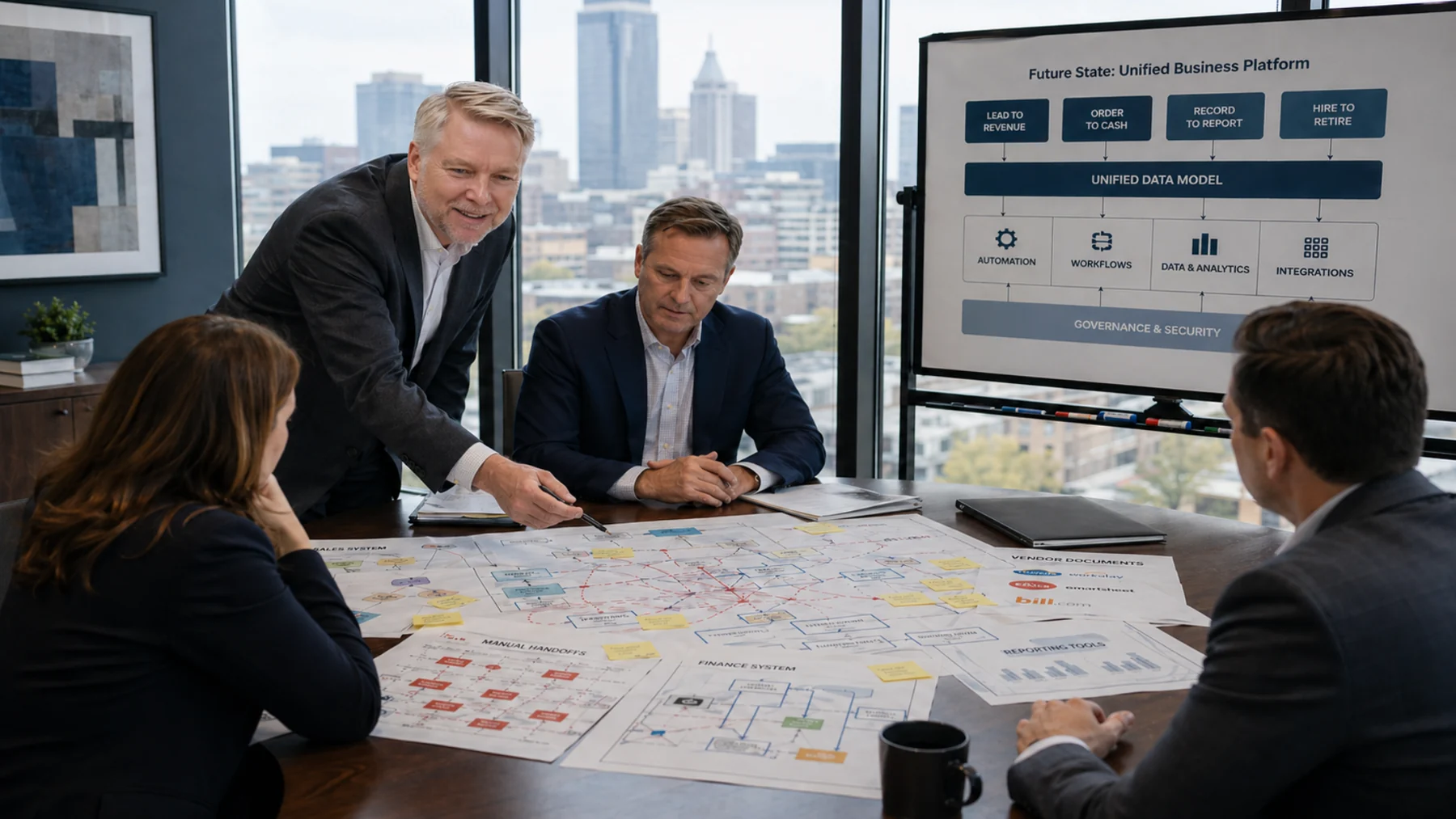 Leadership team organizing fragmented business systems into a clear executive technology roadmap